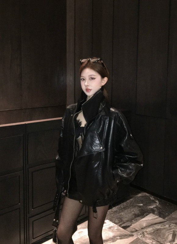 American retro PU leather high-end loose and handsome motorcycle style casual versatile jacket top for women