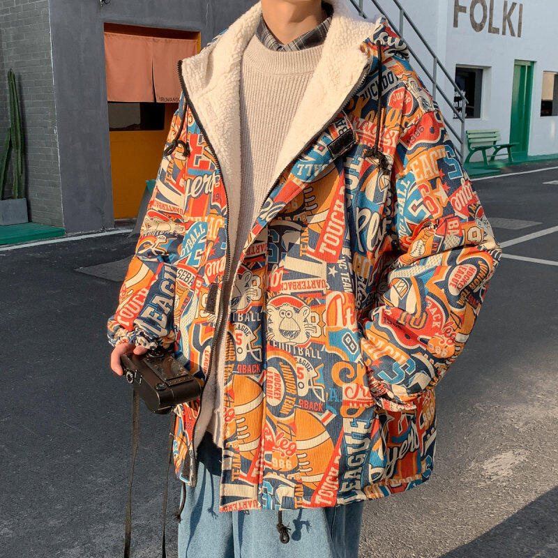 Winter graffiti print men's lamb wool cotton coat hooded loose cotton jacket