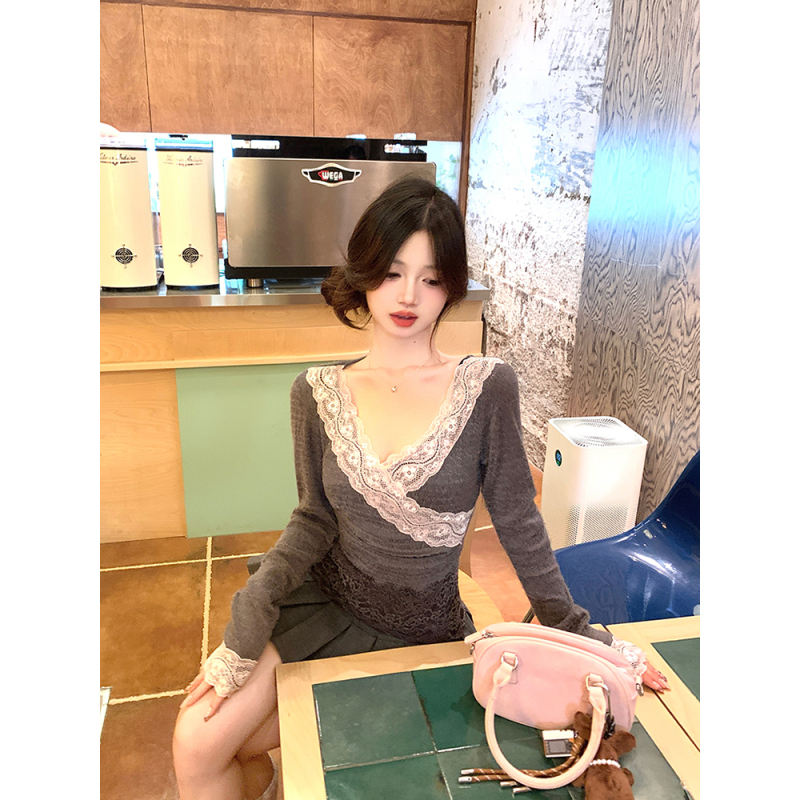 Gray fake two-piece lace cross V-neck sweater autumn and winter sweater base slim fit pure lust top