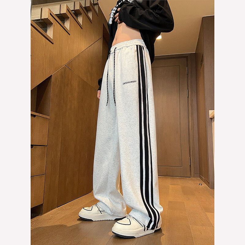Autumn and winter striped webbing spliced ​​casual pants American straight pants