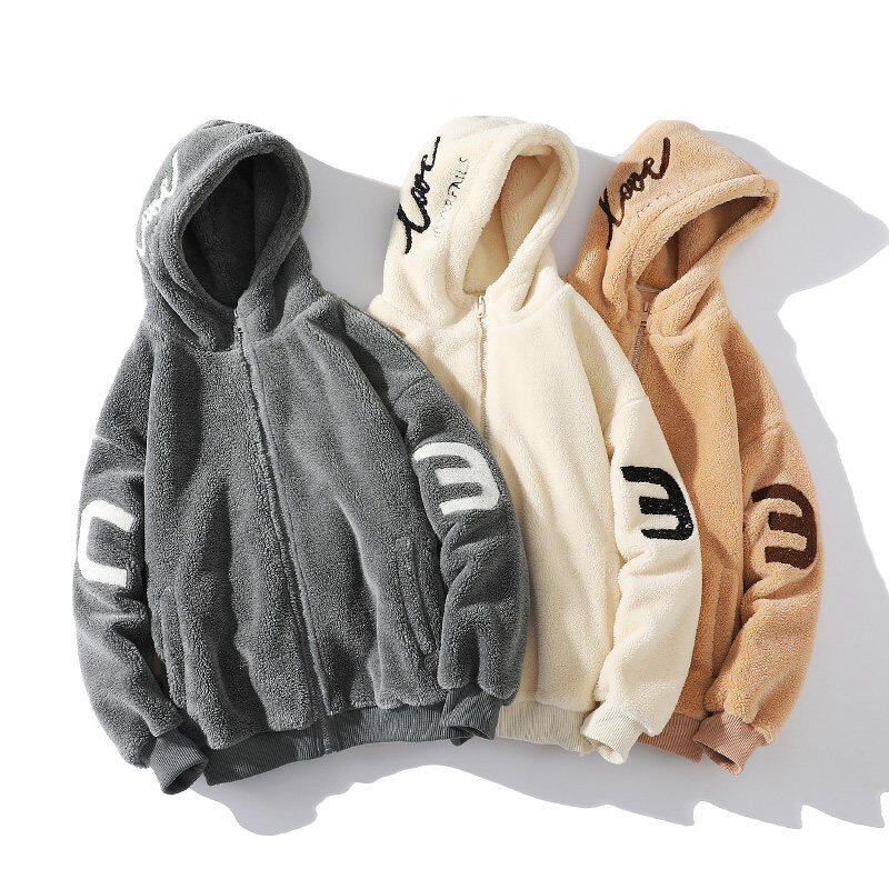 Autumn and winter new trendy men's loose grain velvet jacket plus velvet thickened lamb velvet hooded cotton coat
