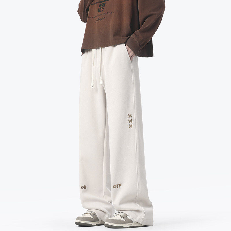 American casual pants for men, autumn and winter embroidered straight pants, sweatpants, casual pants, loose wide-leg pants, trousers