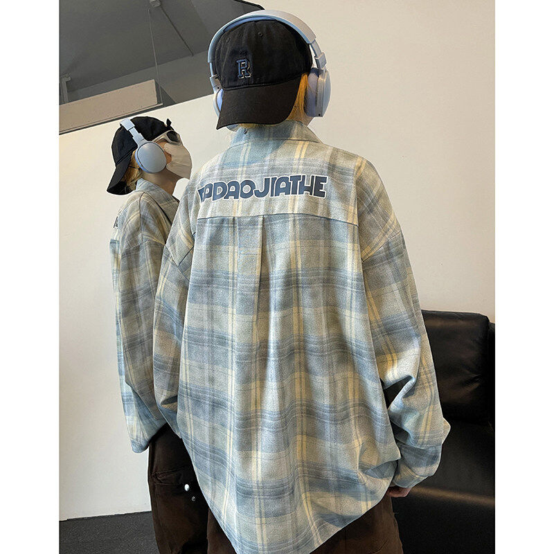 Autumn New Letter Printed Plaid Shirt Men's Teenage Handsome Jacket