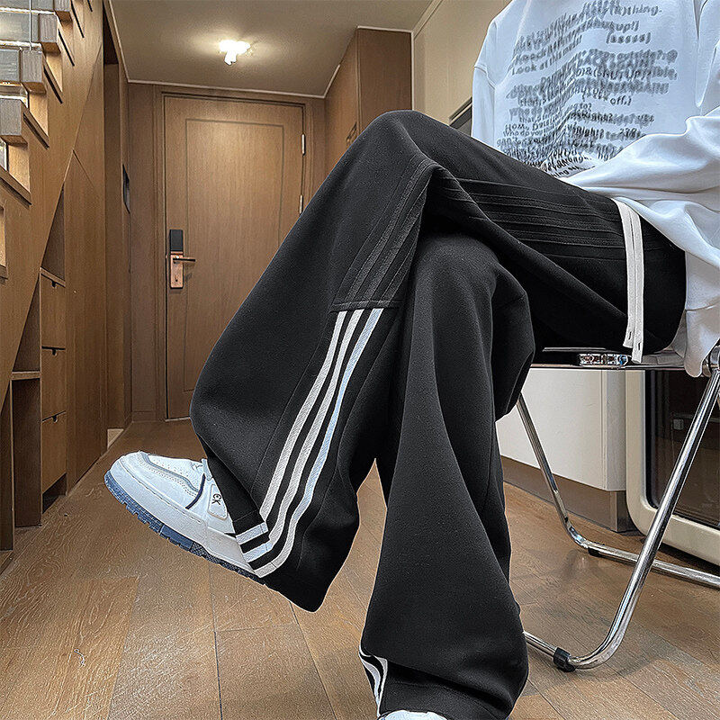Casual pants for men, autumn and winter new Hong Kong style loose embroidered Chinese cotton composite milk silk student sweatpants