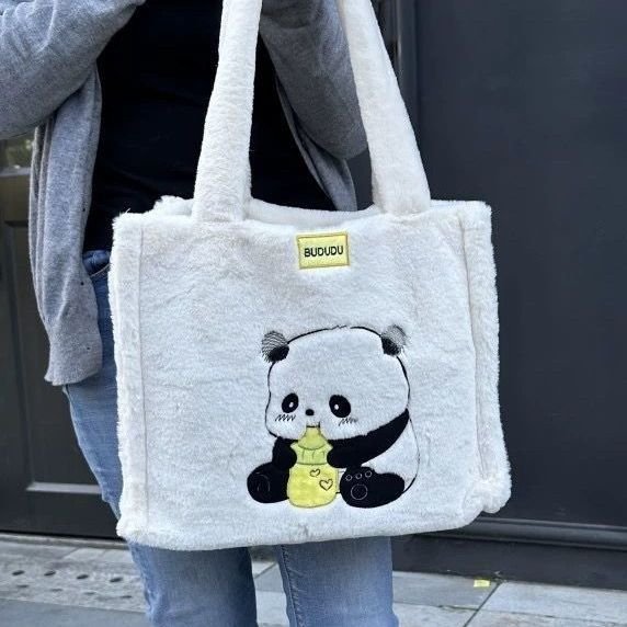Cute Plush Panda Bag Women 2024 New Fashion Cartoon Doll Flower Backpack Girls Portable Crossbody Bag