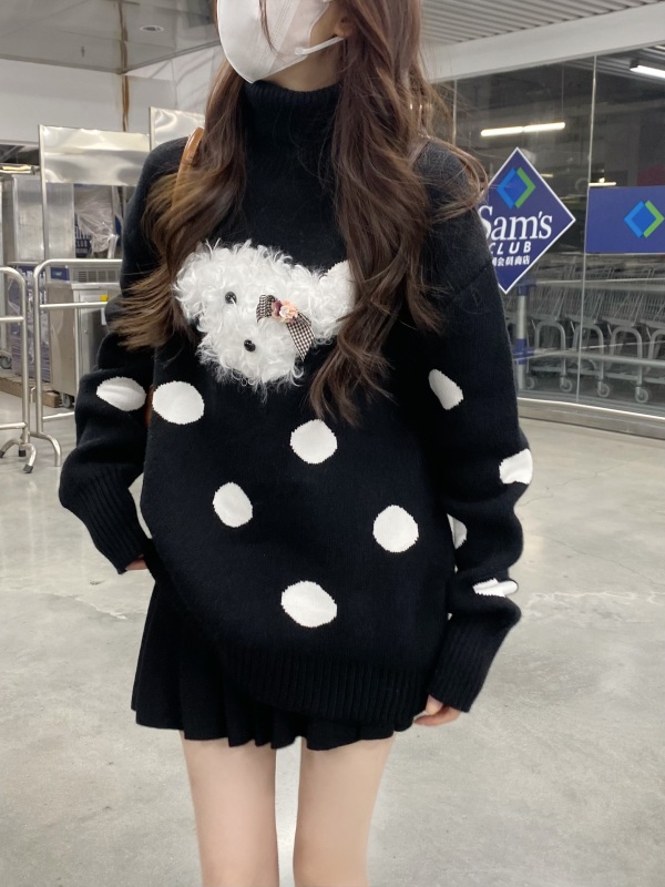 Designed polka dot puppy turtleneck sweater women's winter retro chic loose knitted sweater top