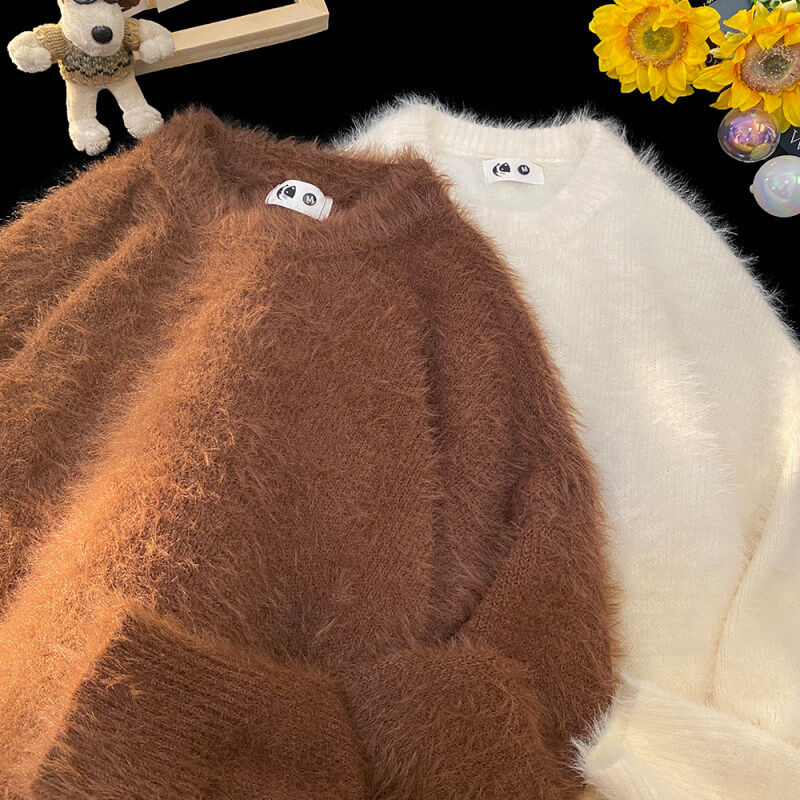 New imitation mink round neck casual loose solid color sweater sweater
