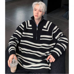 Korean half-zip striped knitted college style sweater for men loose casual versatile bottoming sweater