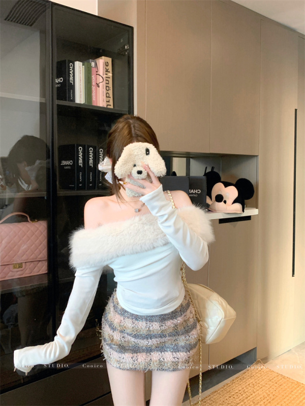 Design niche furry slimming one-shoulder long-sleeved brushed top for women