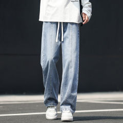 Jeans for men, black wall view, boys' loose straight casual trousers, men's trendy large size trousers