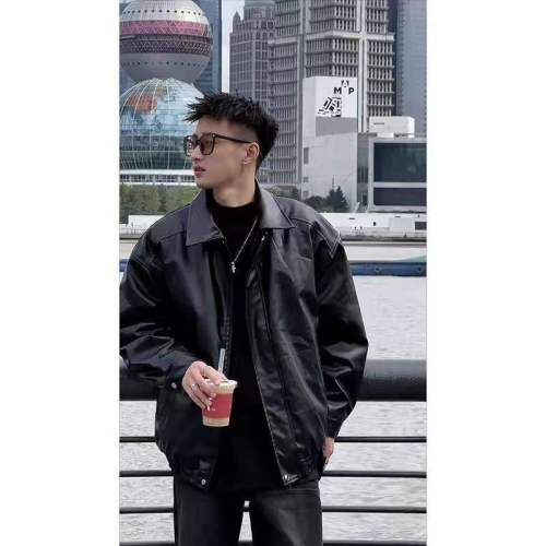 American pu leather jacket men's spring and autumn high street loose men's lapel motorcycle leather jacket