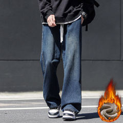 Winter thickened velvet jeans, men's cotton trousers, long johns, warm and cold-resistant loose straight trousers