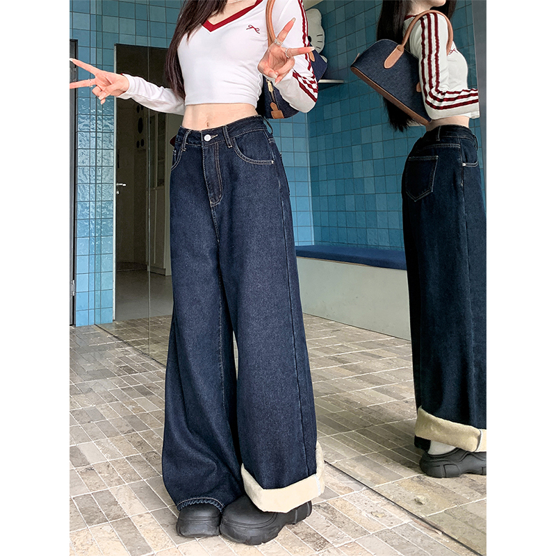 2024 New Loose Dark Blue Velvet Straight Pants Women's Versatile Thick Velvet Jeans Floor-Mopping Pants