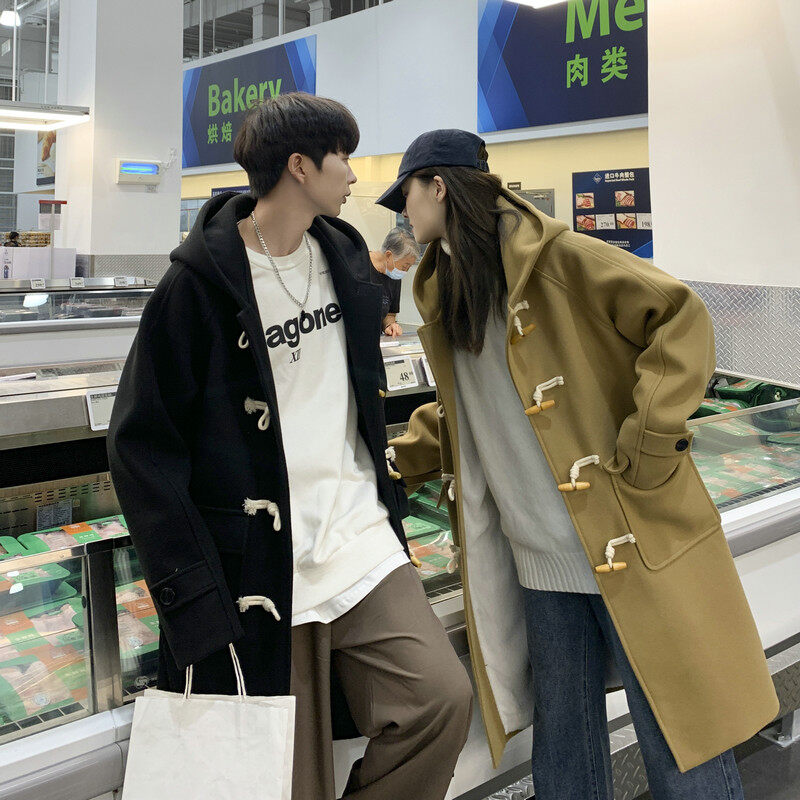 New velvet thickened long horn button hooded woolen coat