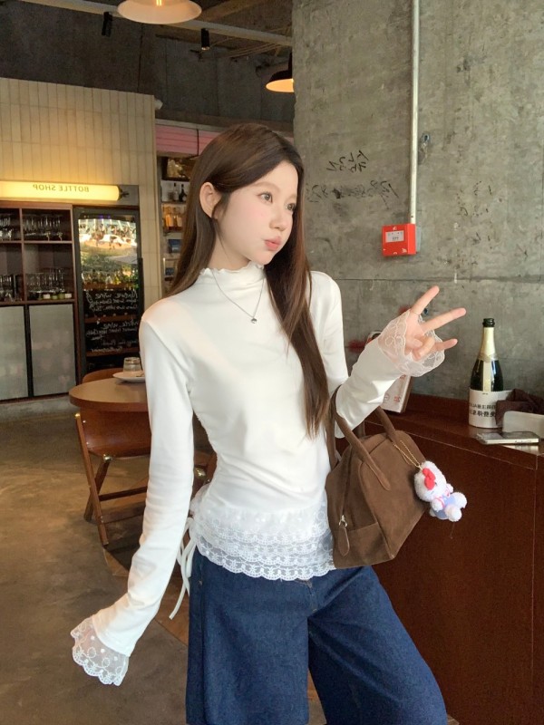 Cream white double layer lace half turtleneck long sleeve T-shirt women's fleece drawstring inner top