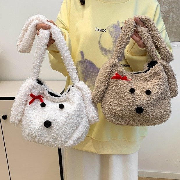 Korean version of cute furry puppy bag for women 2024 new fashion cartoon plush bag doll furry crossbody bag