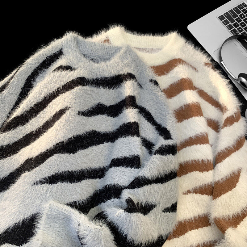 Winter thickened and warm mink velvet zebra pattern casual crew neck sweater