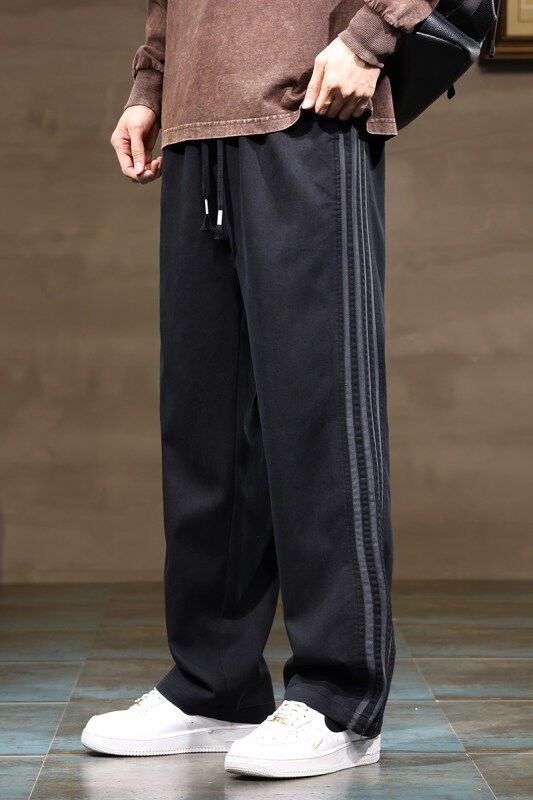 Striped straight pants men's winter trendy loose thickened youth casual long pants