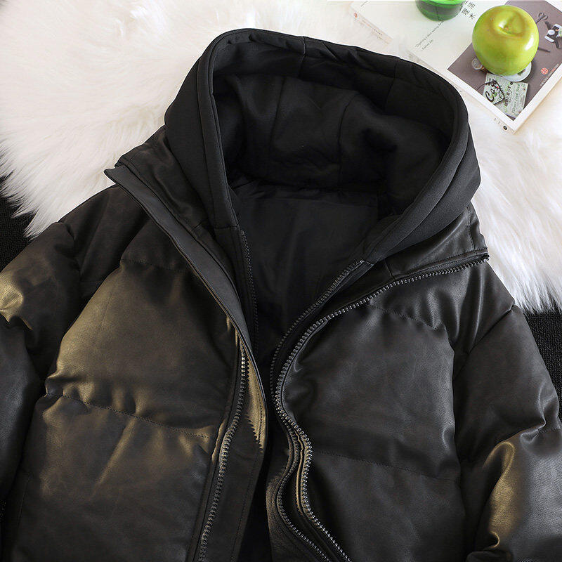 Fake two piece PU leather cotton jacket for men