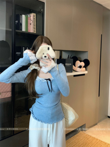 Pure lust-style lace splicing long-sleeved bottoming shirt for women in winter, slim-fitting knitted sweater