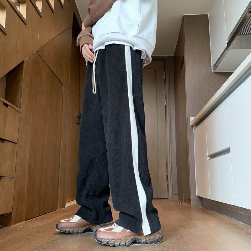 Summer and autumn new men's fashion trend three-dimensional cutting large pocket casual pants striped style wide-leg pants