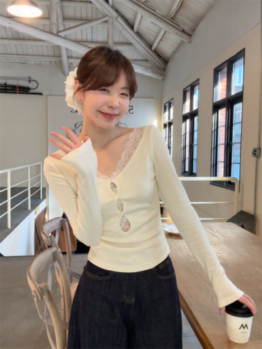 Bottoming shirt for women 2024 new hot style autumn and winter high-end T-shirt short lace long-sleeved top