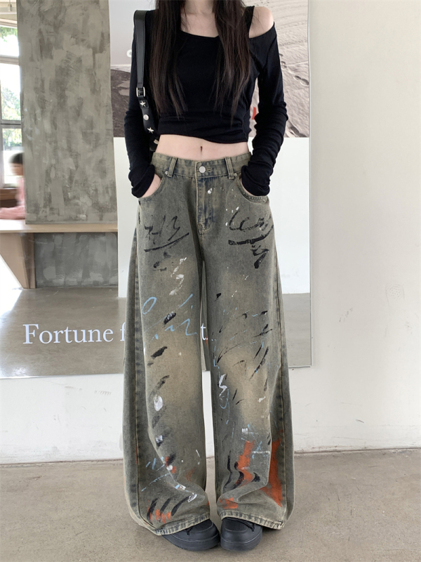 American high street paint-splashed graffiti wide-leg jeans for women with distressed wasteland style straight-leg pants