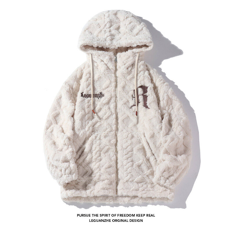 New winter style Hong Kong style white large size lamb wool hooded jacket