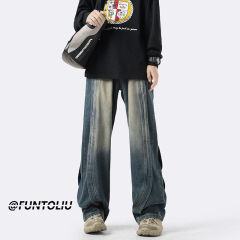 American hiphop wide-leg jeans for men, spring and autumn, loose straight-leg trendy brand retro washed floor-length high street pants