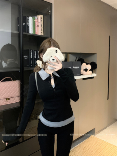 Fake two-piece contrasting color multi-collar sweater for women