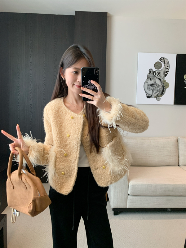 French style tweed short coat versatile fur cuffs quilted jacket