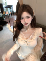 Morning Sydney Gentle Girl Heavy Embroidery Lace T-shirt Textured Knitted Top