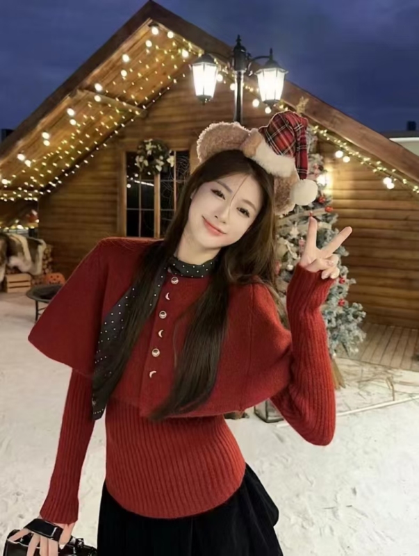 2024 new autumn and winter cape long-sleeved Christmas style slim and sweet style knitted top for women