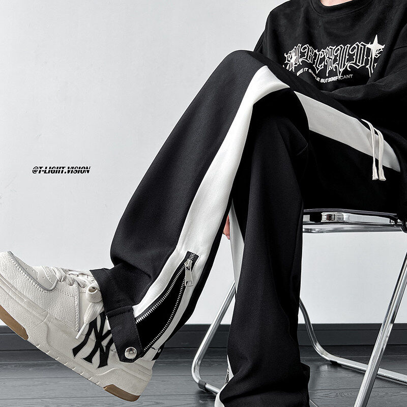 High quality drapey trousers high street niche American trousers casual pants men's zipper color matching trousers