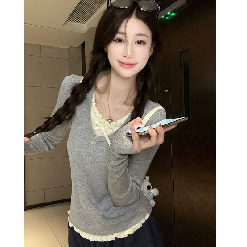 Fake two-piece bow long-sleeved sweater for women early autumn new Korean design sense of fungus stitching niche top