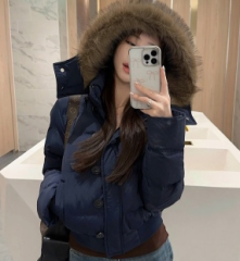 South District Fiona American navy blue fur collar hooded cotton coat women's new winter short warm top