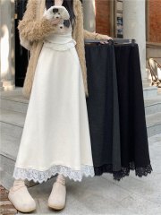 Winter woolen lace splicing skirt for women, high waist, slimming, covering A-line, large hem, mid-length skirt for women
