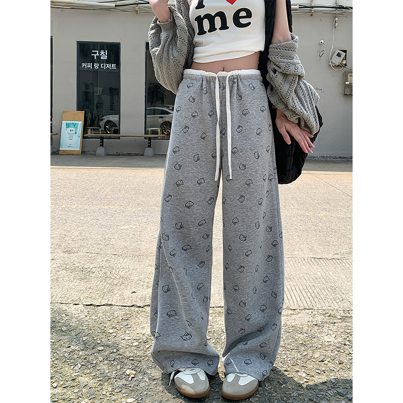 Cute kt cat cat print casual trousers women's autumn and winter new wide-leg pants lazy and relaxed trousers