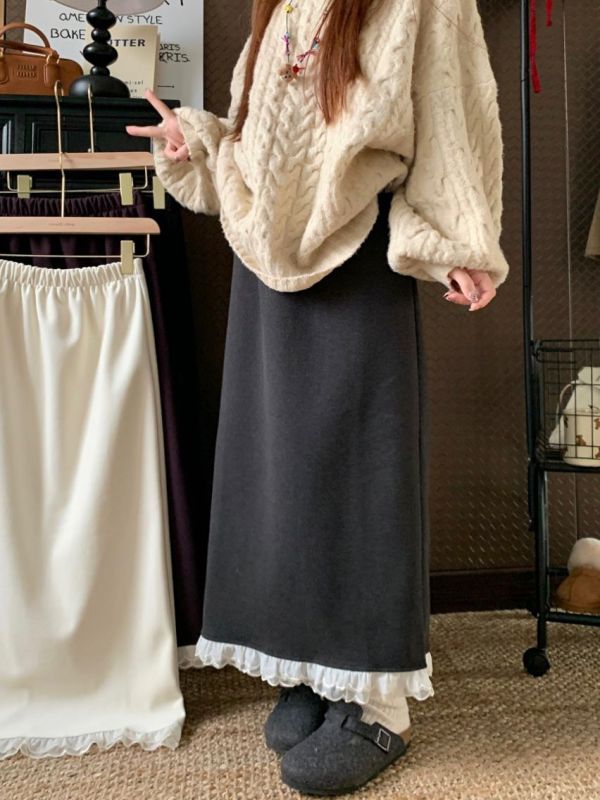 New Korean style thickened woolen high-waisted slimming pleated lace A-line half-length slit long skirt
