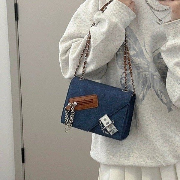 Spliced ​​zipper small square bag handbag women's shoulder bag PU small square bag magnetic buckle sewing thread trend internet celebrity shoulder bag