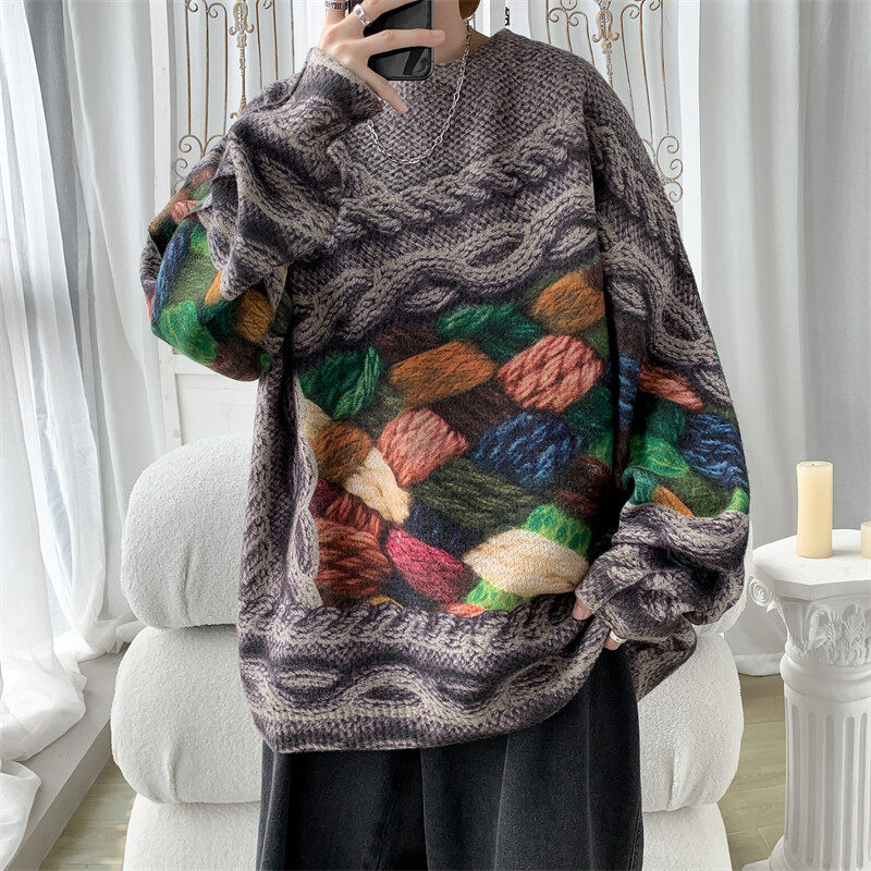 Autumn and winter new style three-dimensional printed sweater jacket sweater for men large size loose sweater for men
