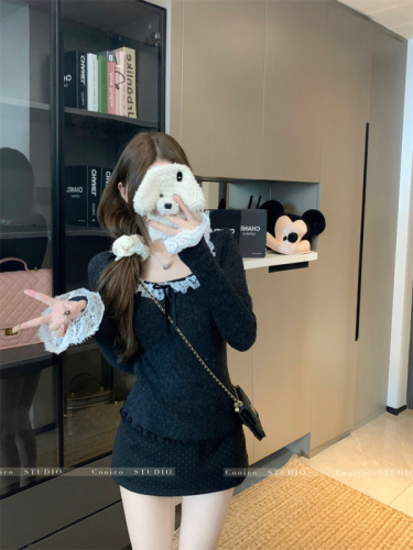 Pure lust-style lace splicing long-sleeved bottoming shirt for women in winter, slim-fitting knitted sweater