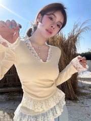 Gentle style, sweet and pure desire lace top for women, new winter style, super pretty girly top, date T-shirt