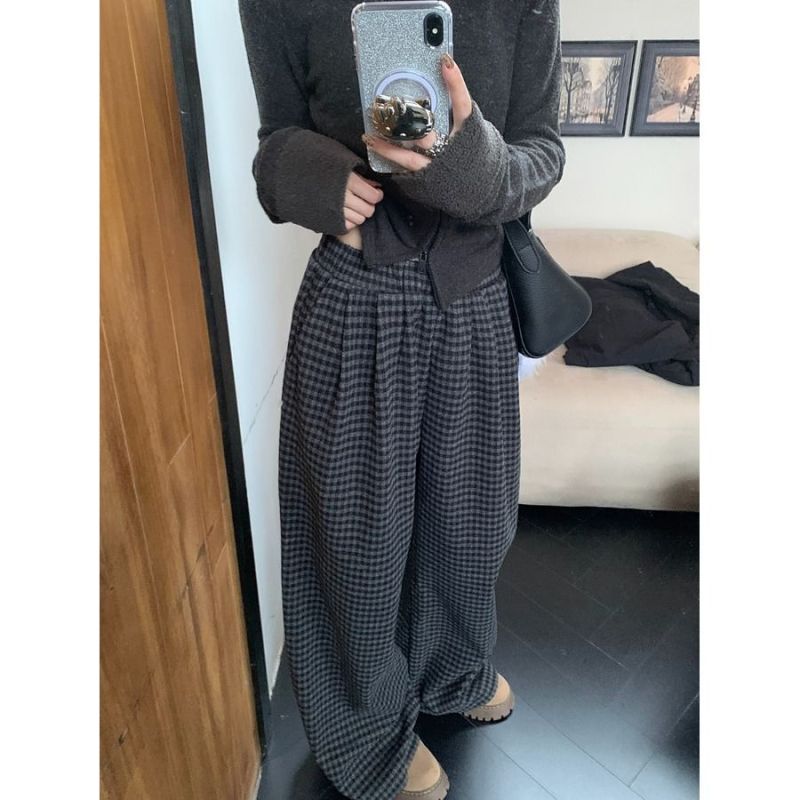 Korean chic woolen plaid Yamamoto pants for women in autumn and winter, lazy style, loose, straight, velvet and thickened wide-leg pants, trendy