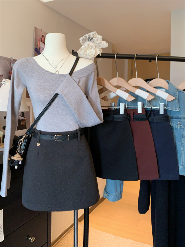 American hot girl high-waisted woolen hip-hugging skirt A-line skirt black sexy skirt for small people