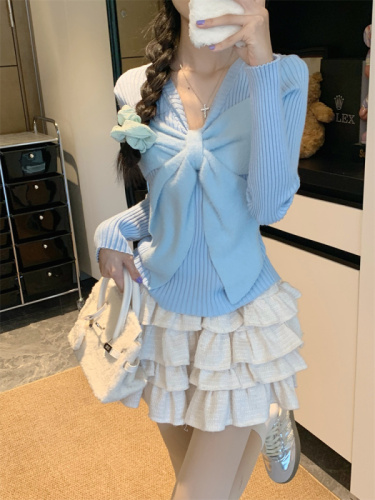 Bow long-sleeved soft waxy sweater for women autumn slim-fit thickened sweater base layer top