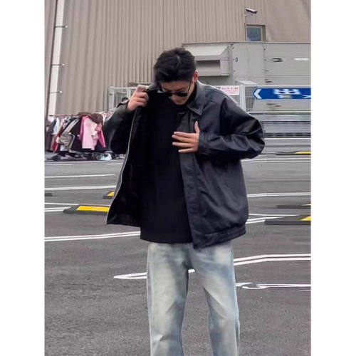 American pu leather jacket men's spring and autumn high street loose men's lapel motorcycle leather jacket