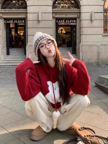 kumikumi navy loose hooded drawstring bear sweater women's winter lazy soft waxy pullover sweater