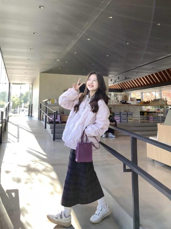 Light purple rhombus down cotton jacket for women pink winter new loose short cotton jacket small person cotton jacket
