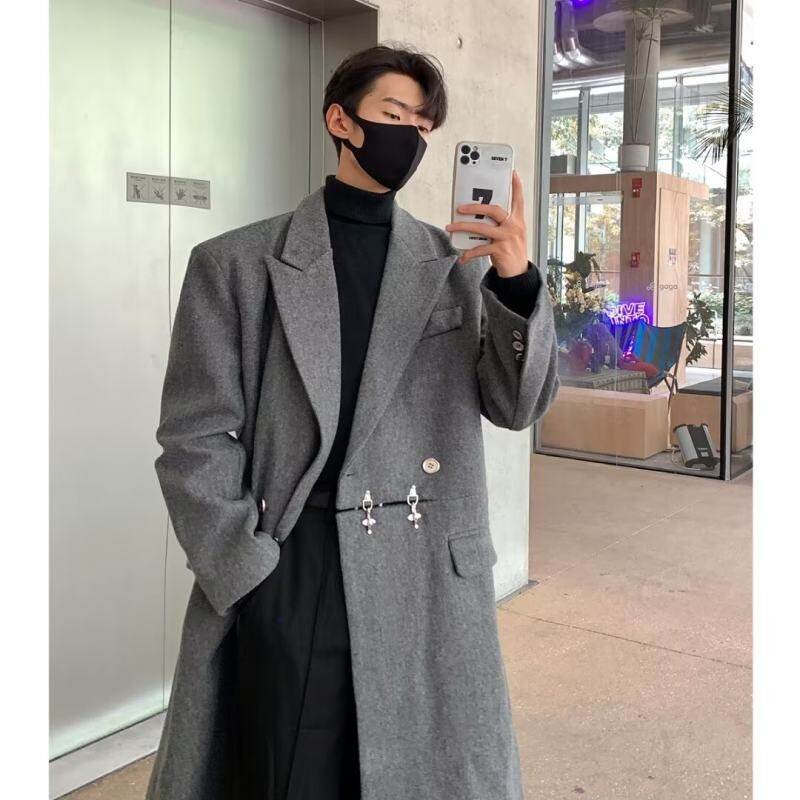 Metal airplane button woolen coat for men in autumn and winter, thickened, high-end, handsome windbreaker, mid-length casual woolen coat